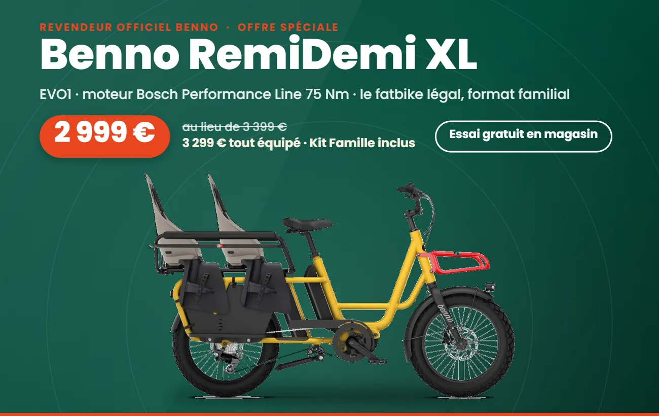Offre spéciale Benno RemiDemi XL 9D EVO1 : 2 999 € au lieu de 3 399 €, 3 299 € tout équipé avec Kit Famille, essai gratuit dans les magasins ECOX