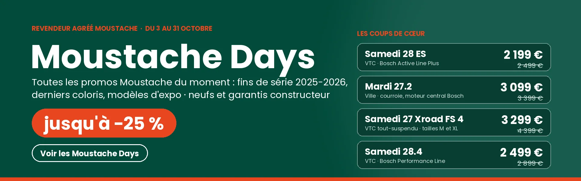 Moustache Days chez ECOX : jusqu'à −25 % sur une sélection de vélos électriques Moustache neufs et garantis, du 3 au 31 octobre, essai gratuit dans les 18 magasins-ateliers