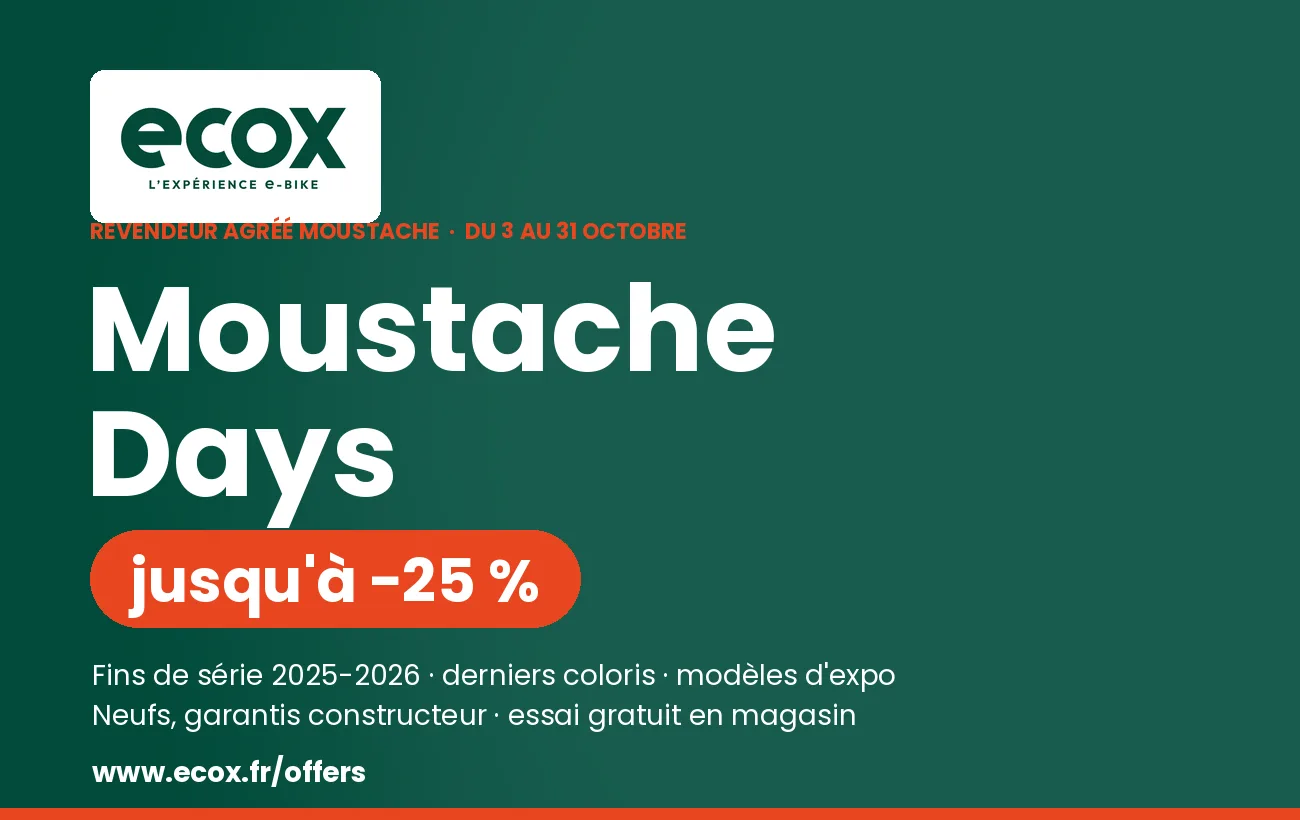 Moustache Days chez ECOX : jusqu'à −25 % sur une sélection de vélos électriques Moustache neufs et garantis, du 3 au 31 octobre, essai gratuit dans les 18 magasins-ateliers